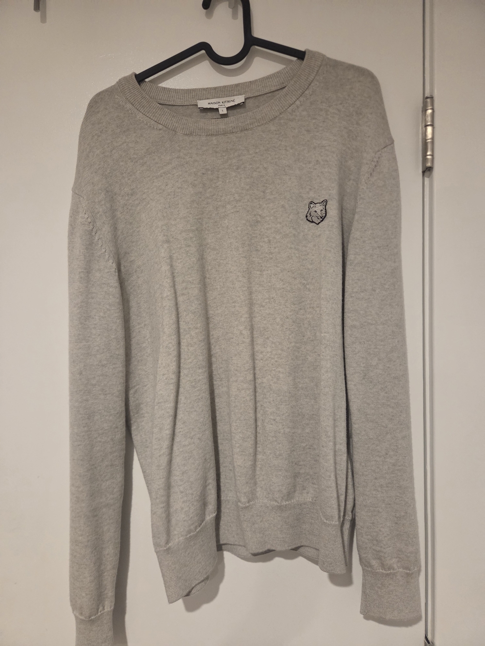 MAISON KITSUNE Light Gray Crewneck Sweater with Fox Patch